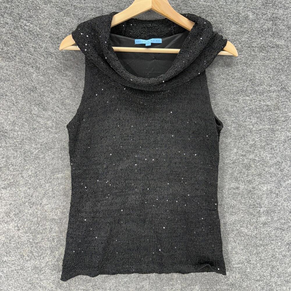 Antonio Melani Knit Top Women M Medium Black Sequin Cowl Neck Sleeveless Lined
